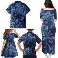 Hawaiian Manta Ray and Polynesian Tribal Tattoo Family Matching Puletasi and Hawaiian Shirt Dark Navy Color LT03 - Polynesian Pride