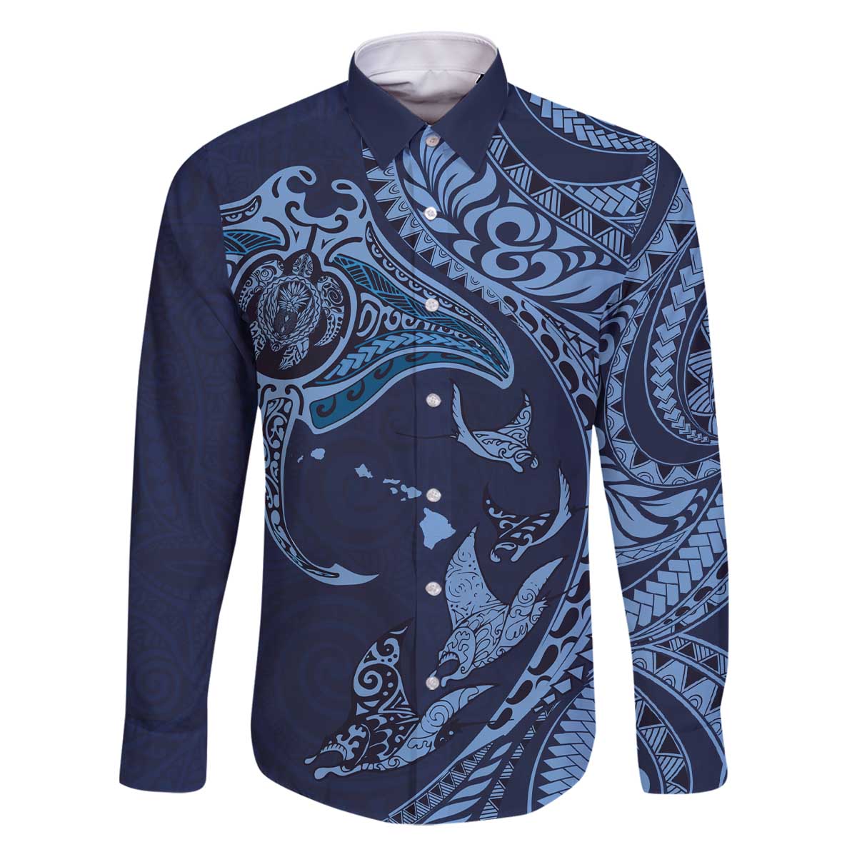 Hawaiian Manta Ray and Polynesian Tribal Tattoo Family Matching Puletasi and Hawaiian Shirt Dark Navy Color LT03 Dad's Shirt - Long Sleeve Dark Navy - Polynesian Pride