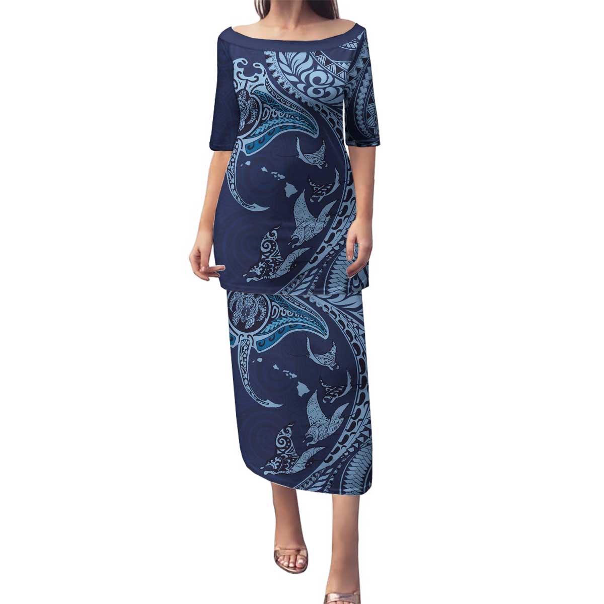 Hawaiian Manta Ray and Polynesian Tribal Tattoo Family Matching Puletasi and Hawaiian Shirt Dark Navy Color LT03 Mom's Dress Dark Navy - Polynesian Pride