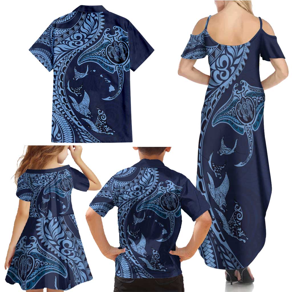 Hawaiian Manta Ray and Polynesian Tribal Tattoo Family Matching Summer Maxi Dress and Hawaiian Shirt Dark Navy Color LT03