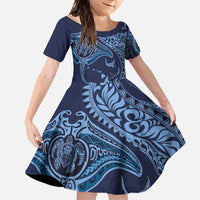 Hawaiian Manta Ray and Polynesian Tribal Tattoo Family Matching Tank Maxi Dress and Hawaiian Shirt Dark Navy Color LT03