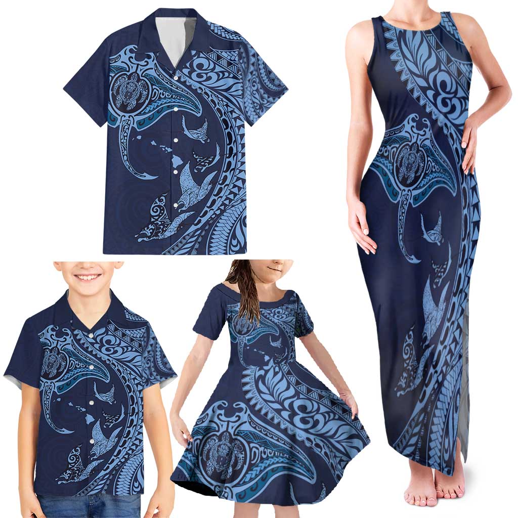 Hawaiian Manta Ray and Polynesian Tribal Tattoo Family Matching Tank Maxi Dress and Hawaiian Shirt Dark Navy Color LT03