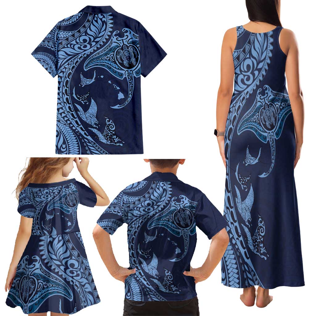 Hawaiian Manta Ray and Polynesian Tribal Tattoo Family Matching Tank Maxi Dress and Hawaiian Shirt Dark Navy Color LT03