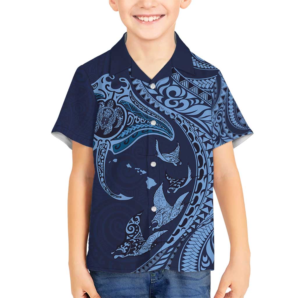 Hawaiian Manta Ray and Polynesian Tribal Tattoo Family Matching Tank Maxi Dress and Hawaiian Shirt Dark Navy Color LT03