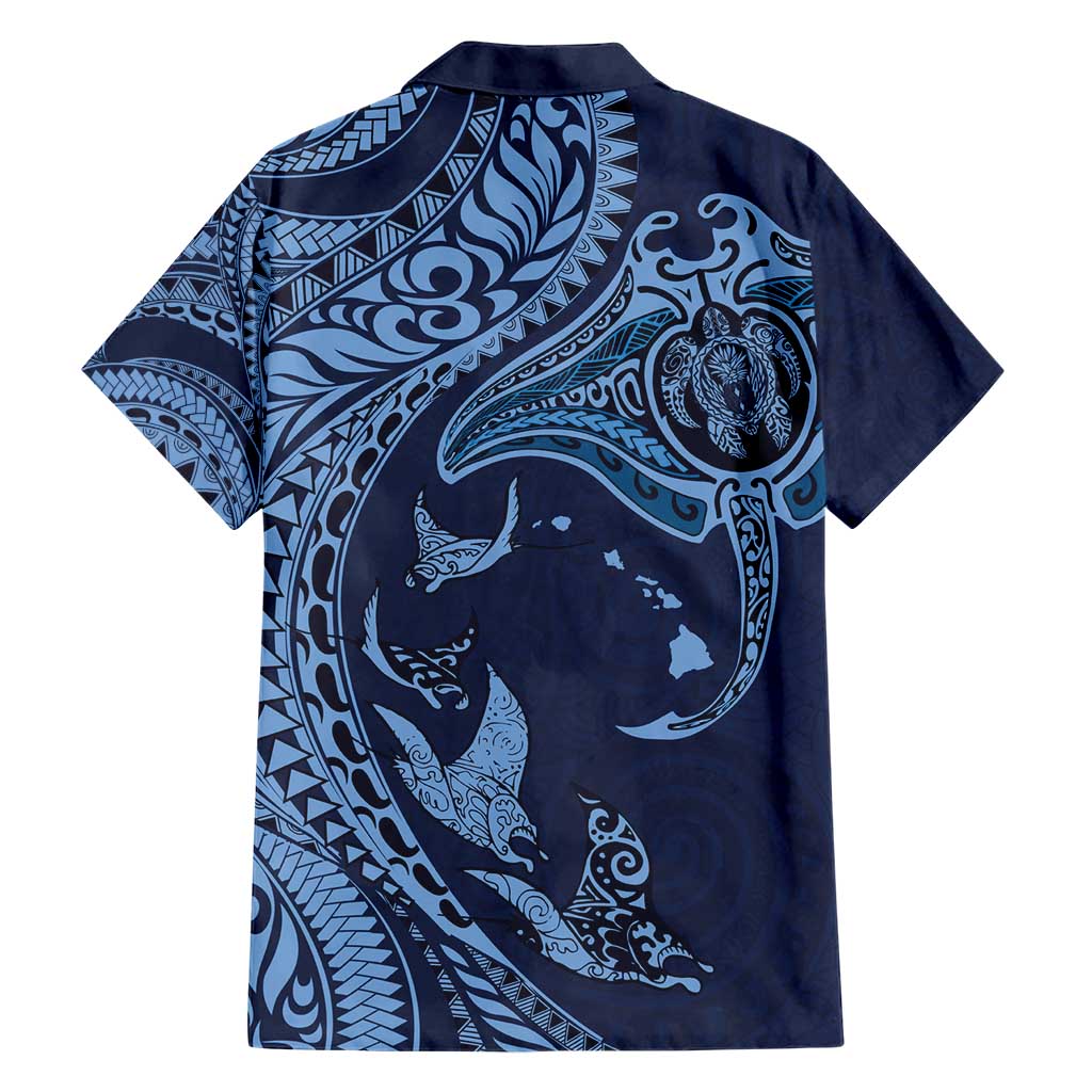 Hawaiian Manta Ray and Polynesian Tribal Tattoo Hawaiian Shirt Dark Navy Color LT03