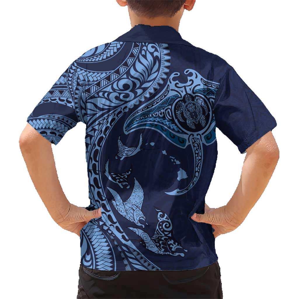 Hawaiian Manta Ray and Polynesian Tribal Tattoo Kid Hawaiian Shirt Dark Navy Color LT03 - Polynesian Pride