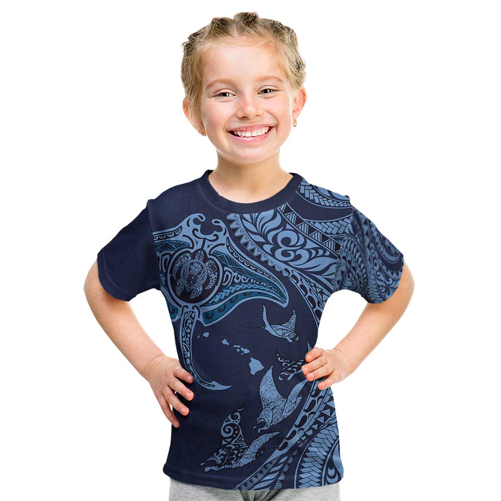 Hawaiian Manta Ray and Polynesian Tribal Tattoo Kid T Shirt Dark Navy Color LT03 Dark Navy - Polynesian Pride