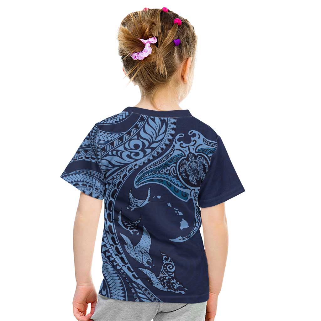 Hawaiian Manta Ray and Polynesian Tribal Tattoo Kid T Shirt Dark Navy Color LT03 - Polynesian Pride