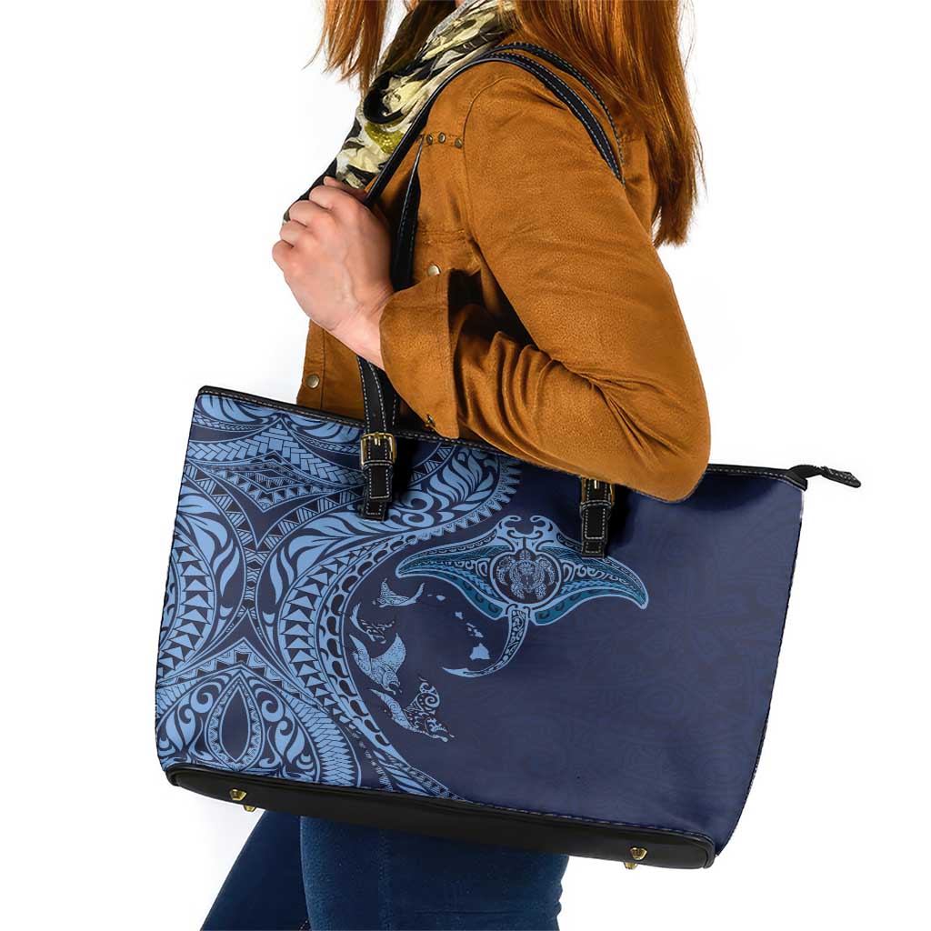 Hawaiian Manta Ray and Polynesian Tribal Tattoo Leather Tote Bag Dark Navy Color LT03 Dark Navy - Polynesian Pride