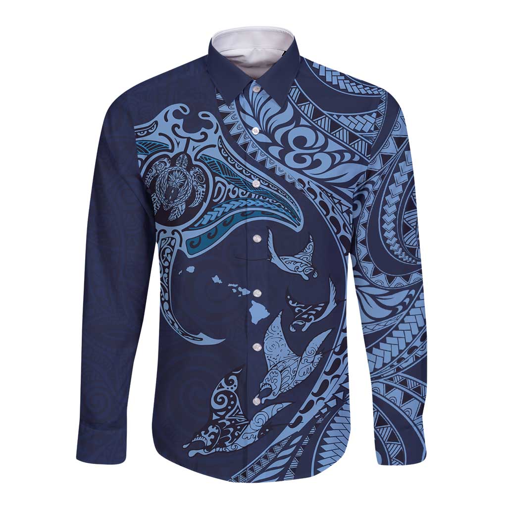 Hawaiian Manta Ray and Polynesian Tribal Tattoo Long Sleeve Button Shirt Dark Navy Color LT03 Unisex Dark Navy - Polynesian Pride