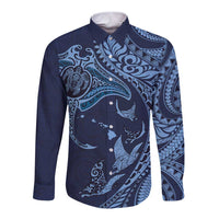 Hawaiian Manta Ray and Polynesian Tribal Tattoo Long Sleeve Button Shirt Dark Navy Color LT03 Unisex Dark Navy - Polynesian Pride