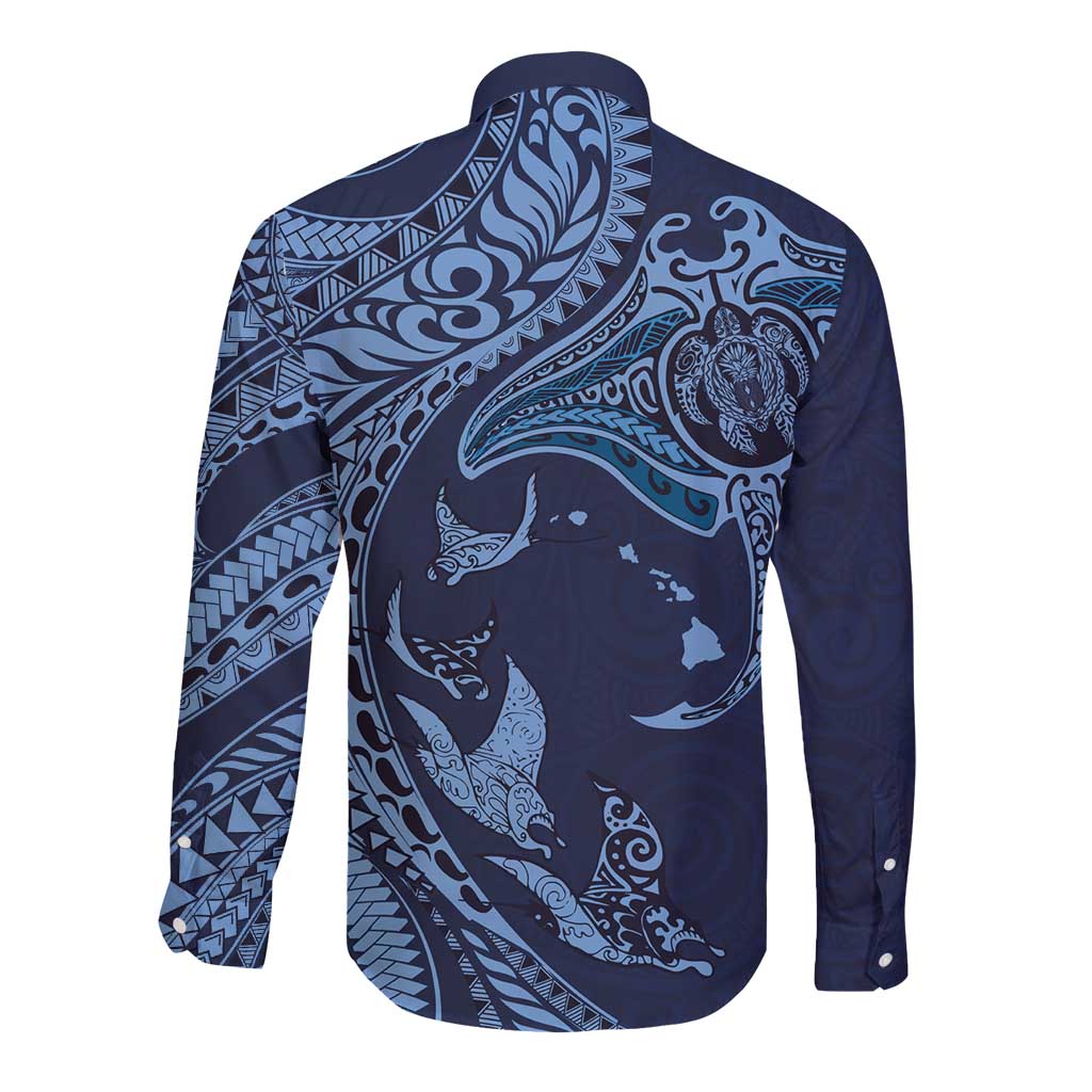 Hawaiian Manta Ray and Polynesian Tribal Tattoo Long Sleeve Button Shirt Dark Navy Color LT03 - Polynesian Pride