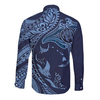 Hawaiian Manta Ray and Polynesian Tribal Tattoo Long Sleeve Button Shirt Dark Navy Color LT03 - Polynesian Pride