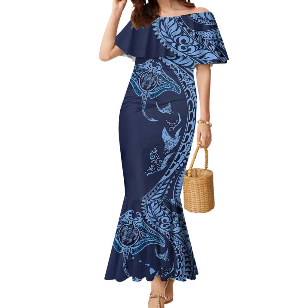 Hawaiian Manta Ray and Polynesian Tribal Tattoo Mermaid Dress Dark Navy Color LT03