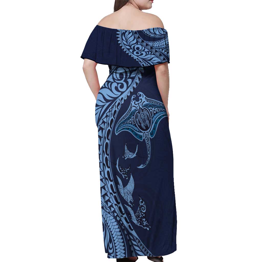 Hawaiian Manta Ray and Polynesian Tribal Tattoo Off Shoulder Maxi Dress Dark Navy Color LT03
