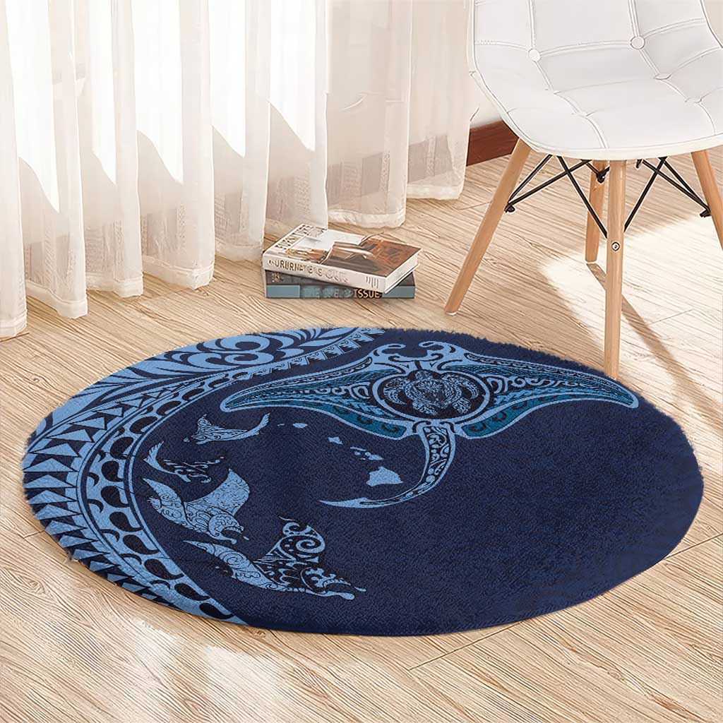 Hawaiian Manta Ray and Polynesian Tribal Tattoo Round Carpet Dark Navy Color LT03