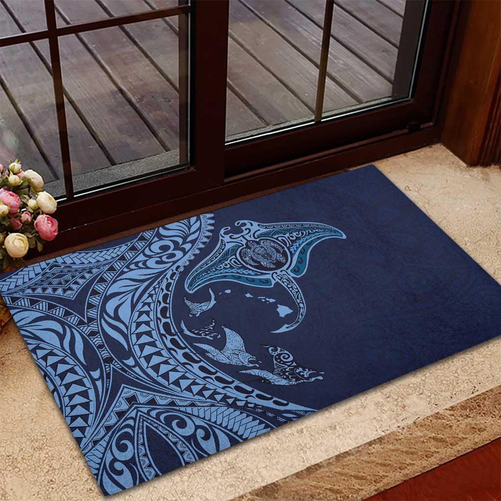 Hawaiian Manta Ray and Polynesian Tribal Tattoo Rubber Doormat Dark Navy Color LT03