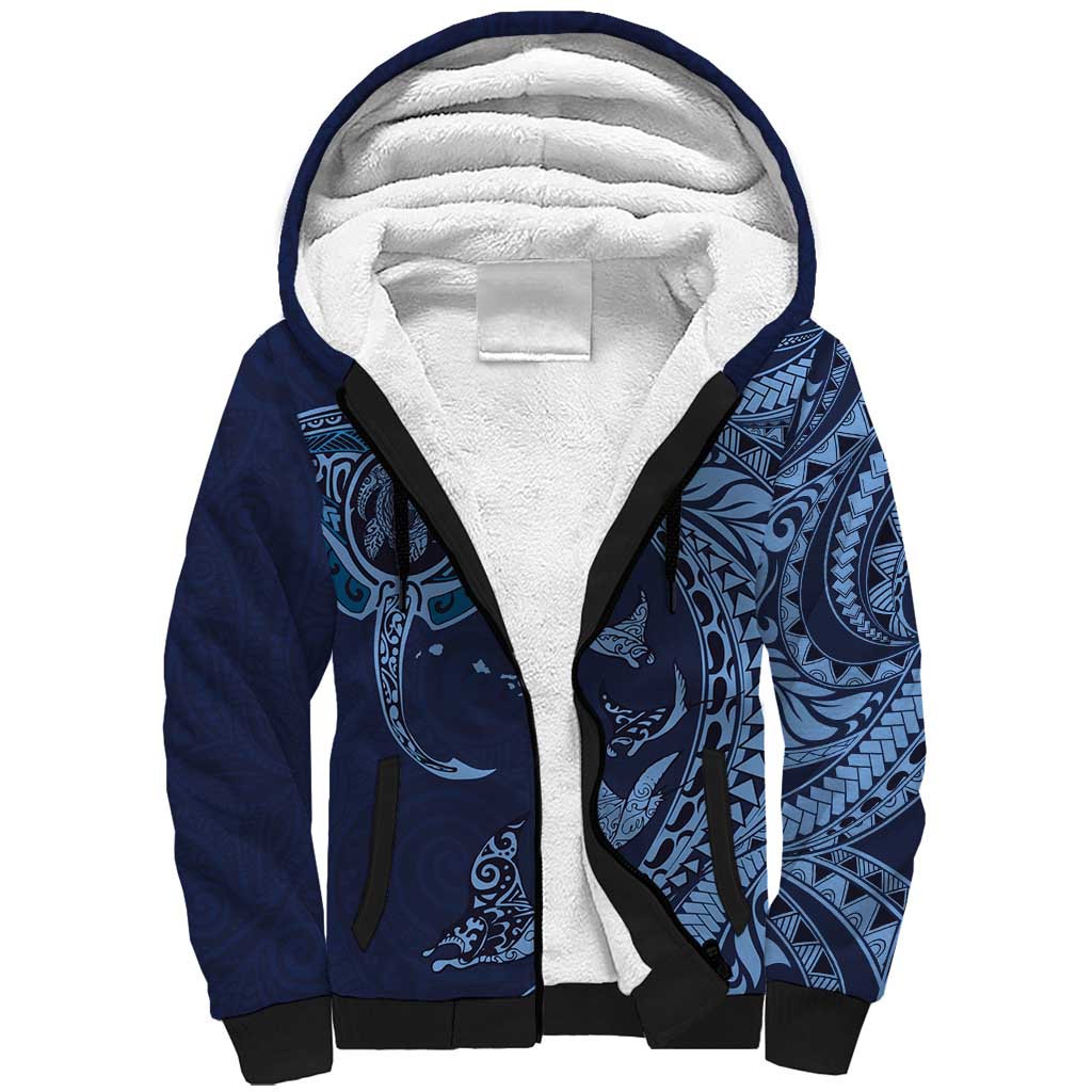 Hawaiian Manta Ray and Polynesian Tribal Tattoo Sherpa Hoodie Dark Navy Color LT03