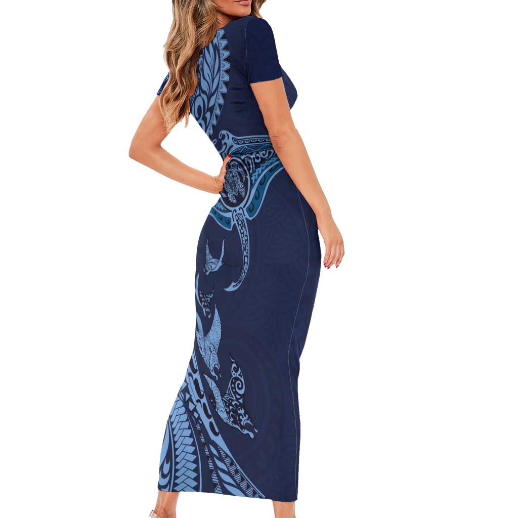 Hawaiian Manta Ray and Polynesian Tribal Tattoo Short Sleeve Bodycon Dress Dark Navy Color LT03