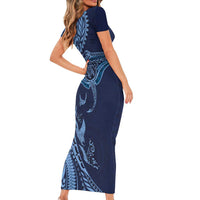 Hawaiian Manta Ray and Polynesian Tribal Tattoo Short Sleeve Bodycon Dress Dark Navy Color LT03