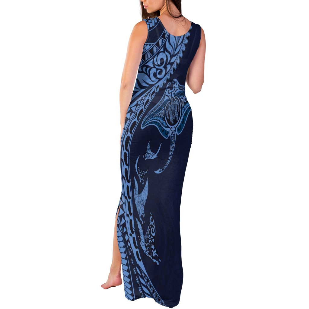 Hawaiian Manta Ray and Polynesian Tribal Tattoo Tank Maxi Dress Dark Navy Color LT03