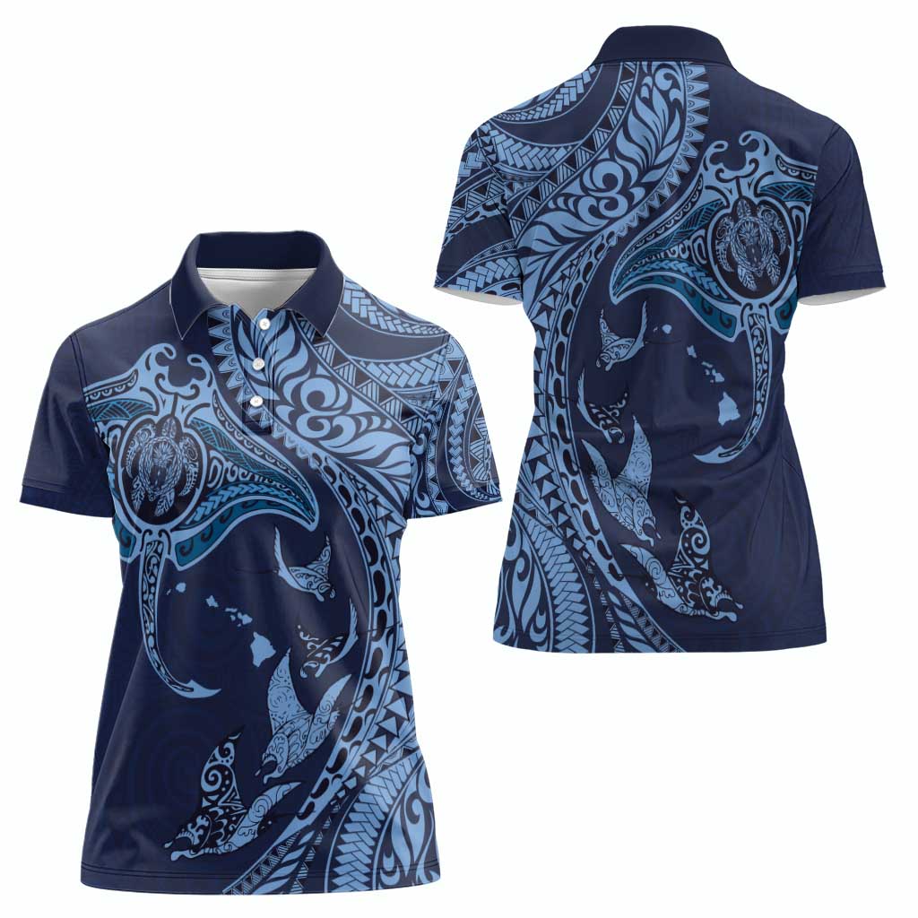 Hawaiian Manta Ray and Polynesian Tribal Tattoo Women Polo Shirt Dark Navy Color LT03