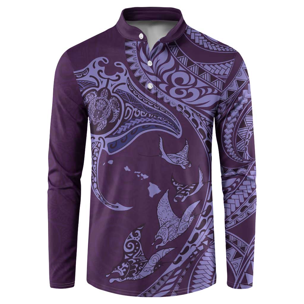 Hawaiian Manta Ray and Polynesian Tribal Tattoo Button Sweatshirt Purple Color LT03 Purple - Polynesian Pride