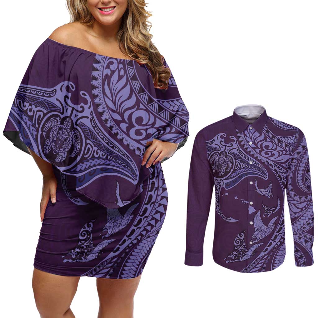 Hawaiian Manta Ray and Polynesian Tribal Tattoo Couples Matching Off Shoulder Short Dress and Long Sleeve Button Shirt Purple Color LT03