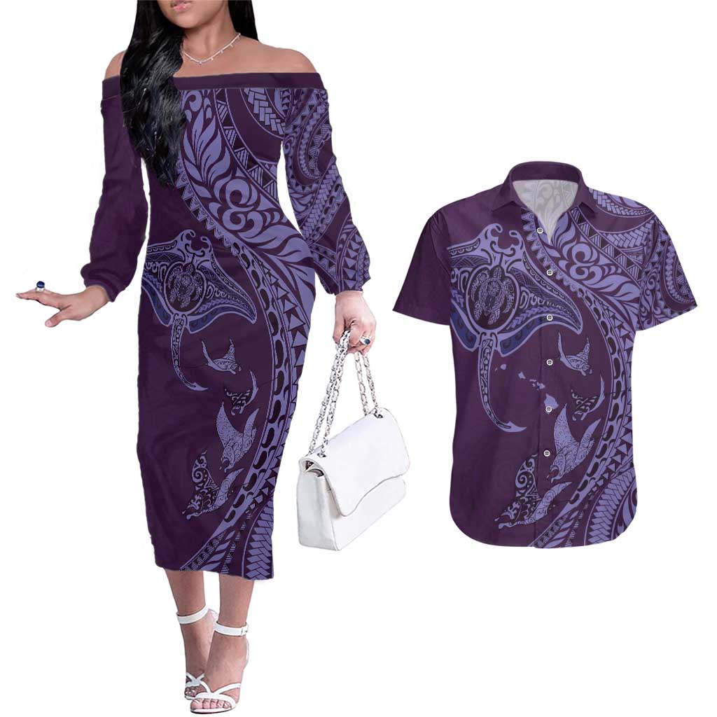 Hawaiian Manta Ray and Polynesian Tribal Tattoo Couples Matching Off The Shoulder Long Sleeve Dress and Hawaiian Shirt Purple Color LT03