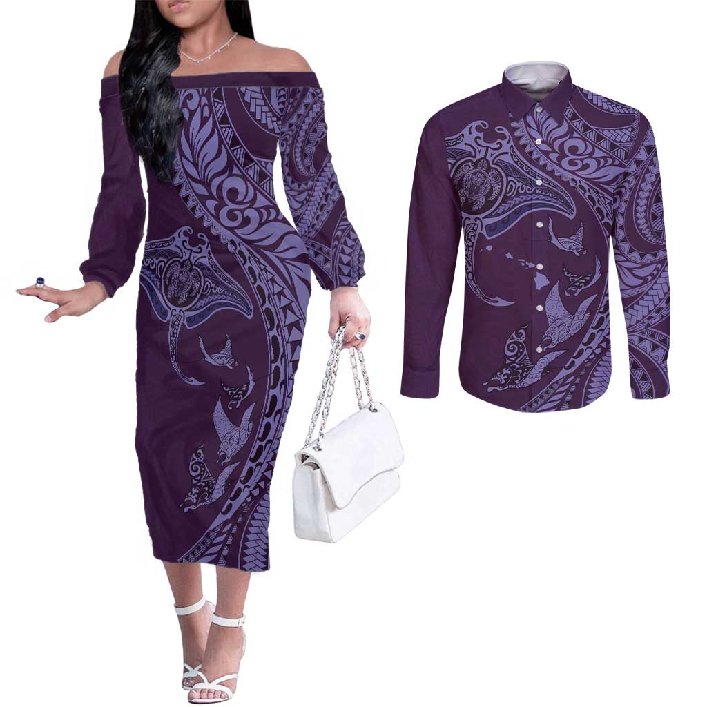 Hawaiian Manta Ray and Polynesian Tribal Tattoo Couples Matching Off The Shoulder Long Sleeve Dress and Long Sleeve Button Shirt Purple Color LT03