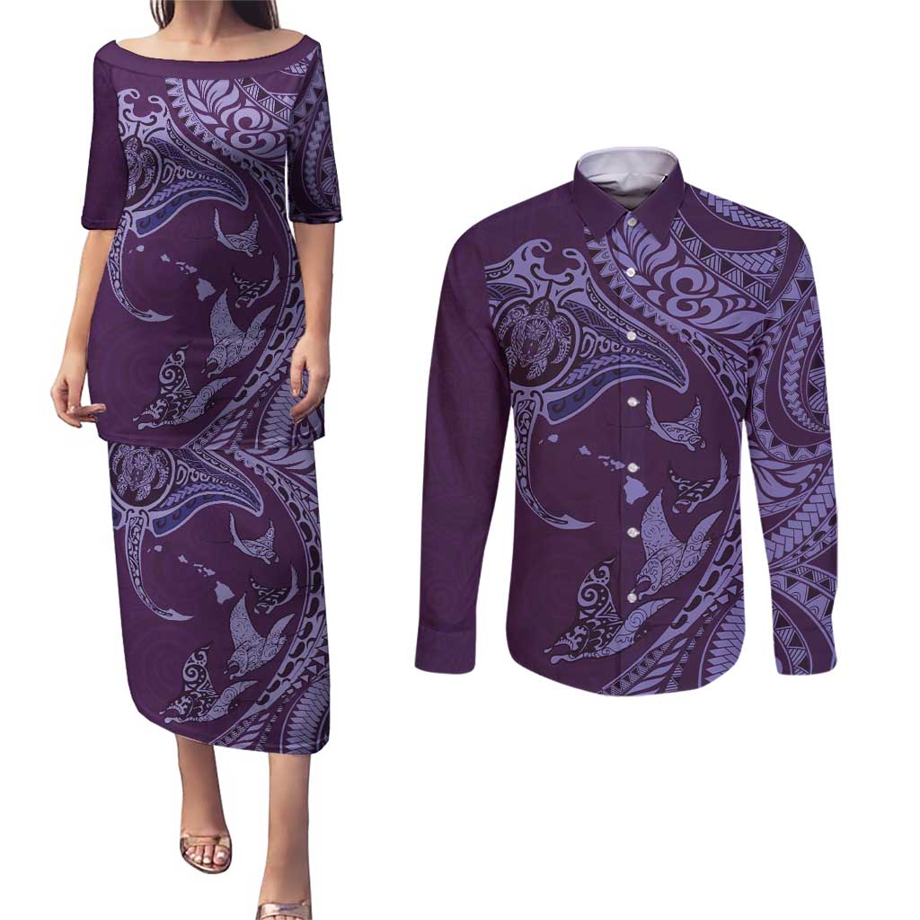 Hawaiian Manta Ray and Polynesian Tribal Tattoo Couples Matching Puletasi and Long Sleeve Button Shirt Purple Color LT03 Purple - Polynesian Pride