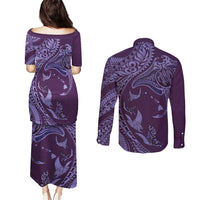 Hawaiian Manta Ray and Polynesian Tribal Tattoo Couples Matching Puletasi and Long Sleeve Button Shirt Purple Color LT03 - Polynesian Pride