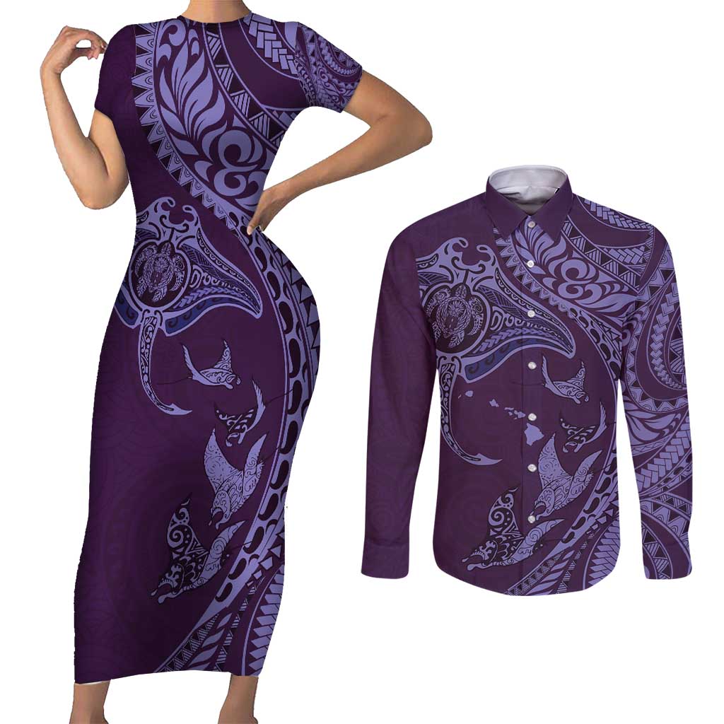 Hawaiian Manta Ray and Polynesian Tribal Tattoo Couples Matching Short Sleeve Bodycon Dress and Long Sleeve Button Shirt Purple Color LT03