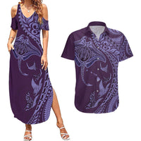 Hawaiian Manta Ray and Polynesian Tribal Tattoo Couples Matching Summer Maxi Dress and Hawaiian Shirt Purple Color LT03