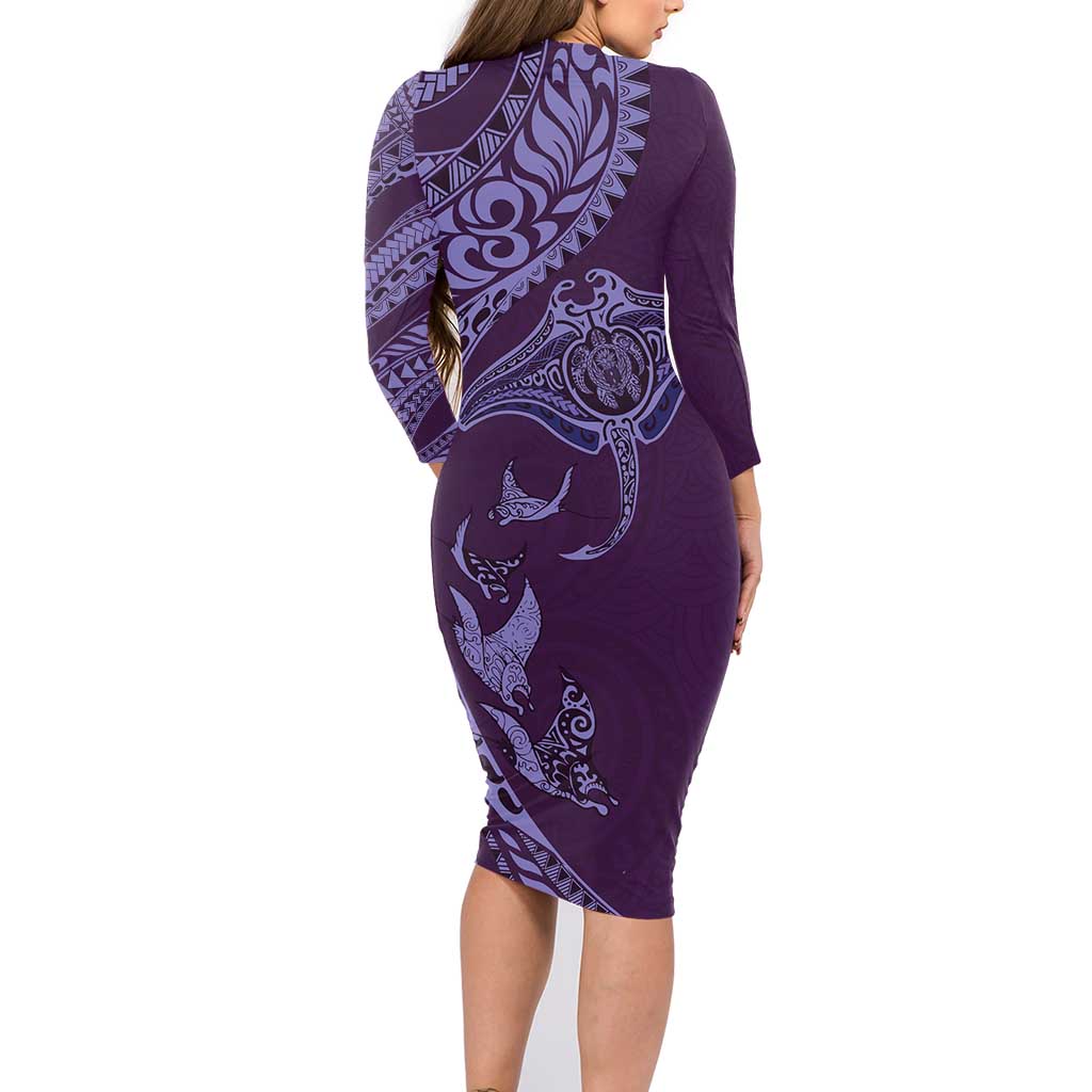 Hawaiian Manta Ray and Polynesian Tribal Tattoo Family Matching Long Sleeve Bodycon Dress and Hawaiian Shirt Purple Color LT03