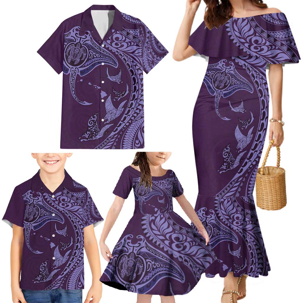 Hawaiian Manta Ray and Polynesian Tribal Tattoo Family Matching Mermaid Dress and Hawaiian Shirt Purple Color LT03