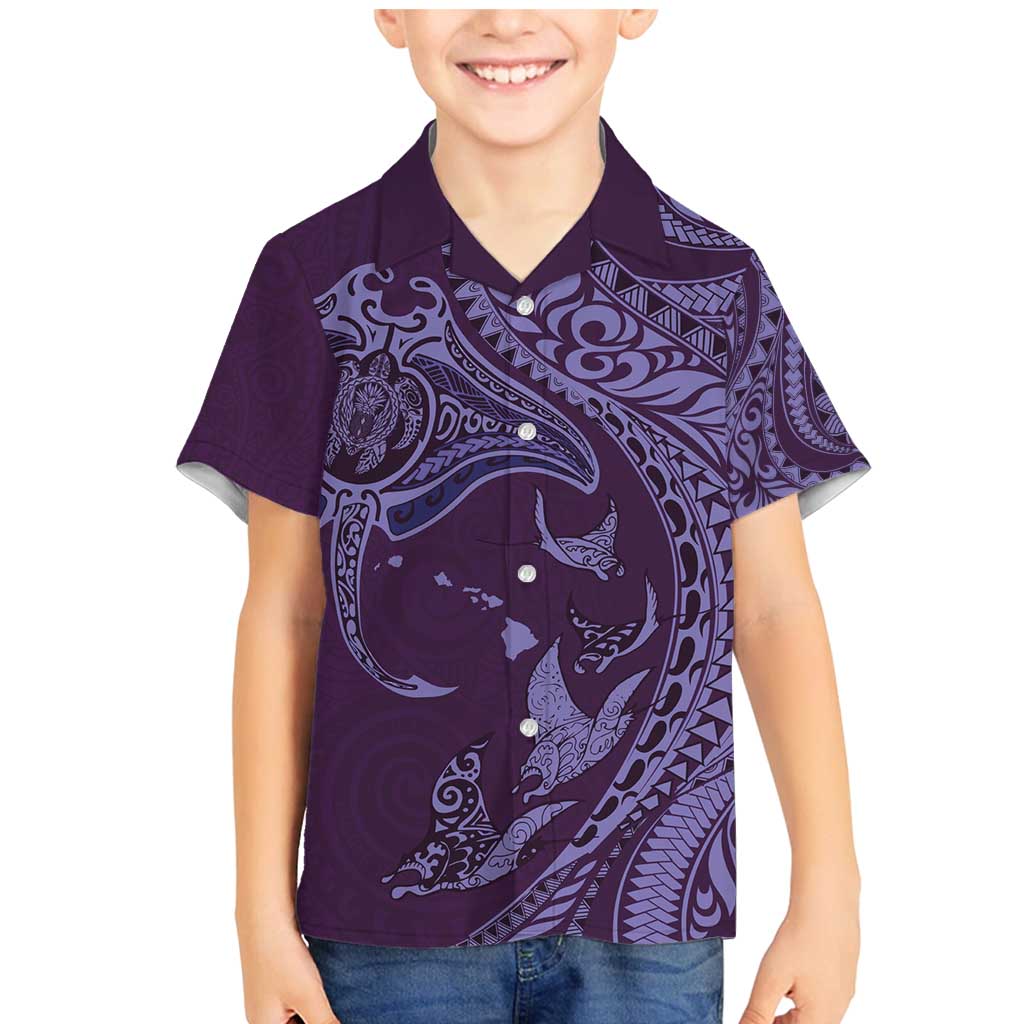 Hawaiian Manta Ray and Polynesian Tribal Tattoo Family Matching Mermaid Dress and Hawaiian Shirt Purple Color LT03