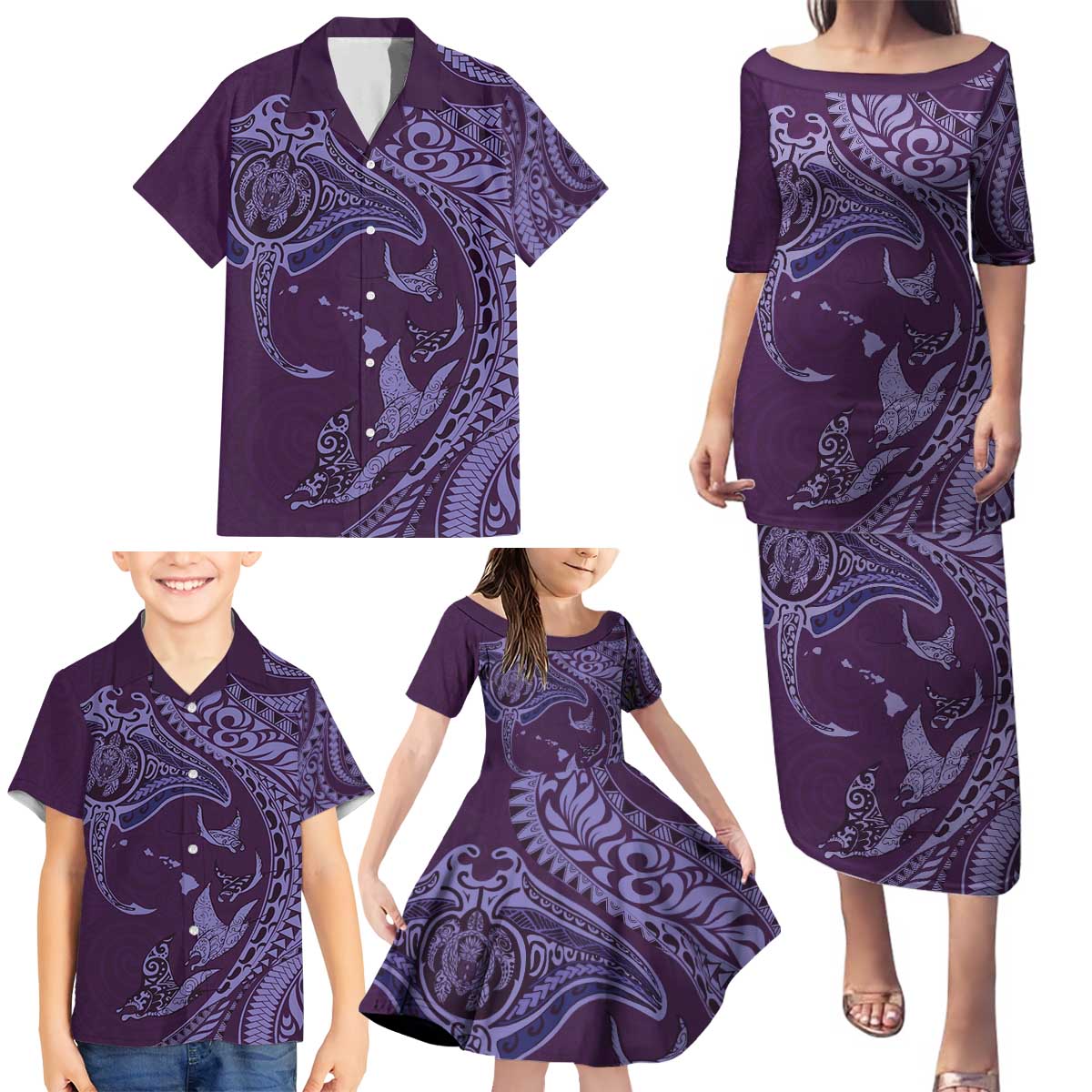Hawaiian Manta Ray and Polynesian Tribal Tattoo Family Matching Puletasi and Hawaiian Shirt Purple Color LT03 - Polynesian Pride