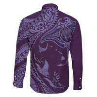 Hawaiian Manta Ray and Polynesian Tribal Tattoo Family Matching Short Sleeve Bodycon Dress and Hawaiian Shirt Purple Color LT03