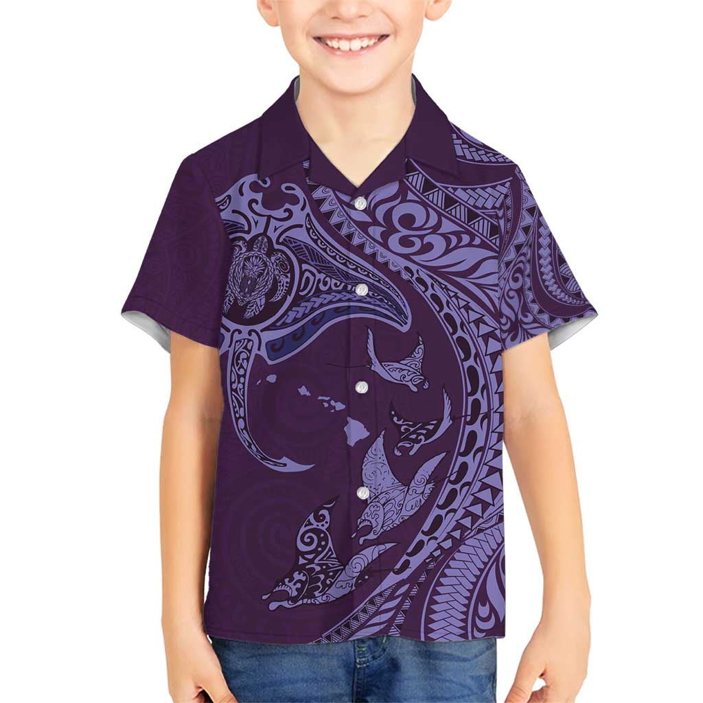 Hawaiian Manta Ray and Polynesian Tribal Tattoo Family Matching Summer Maxi Dress and Hawaiian Shirt Purple Color LT03