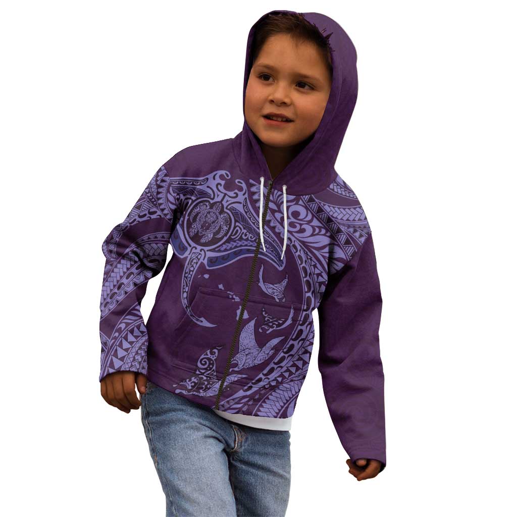 Hawaiian Manta Ray and Polynesian Tribal Tattoo Kid Hoodie Purple Color LT03