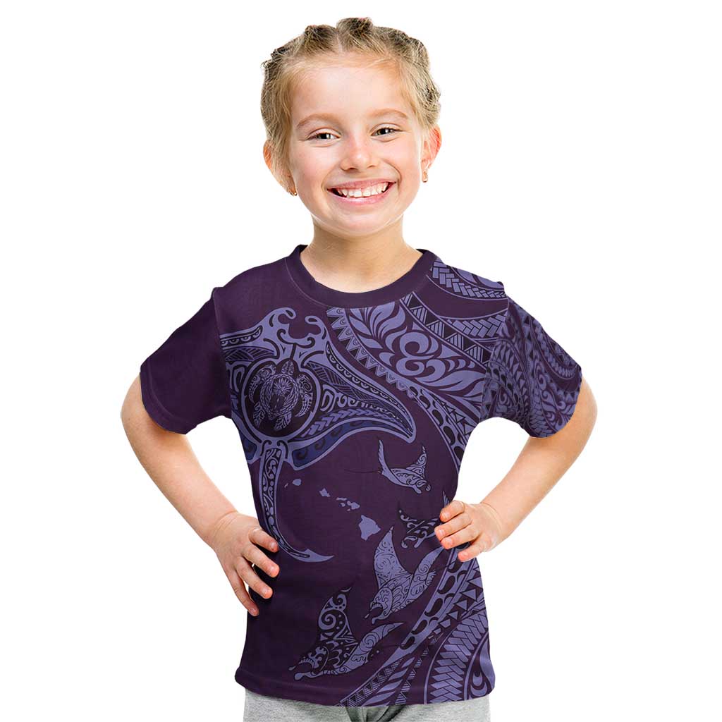 Hawaiian Manta Ray and Polynesian Tribal Tattoo Kid T Shirt Purple Color LT03 Purple - Polynesian Pride