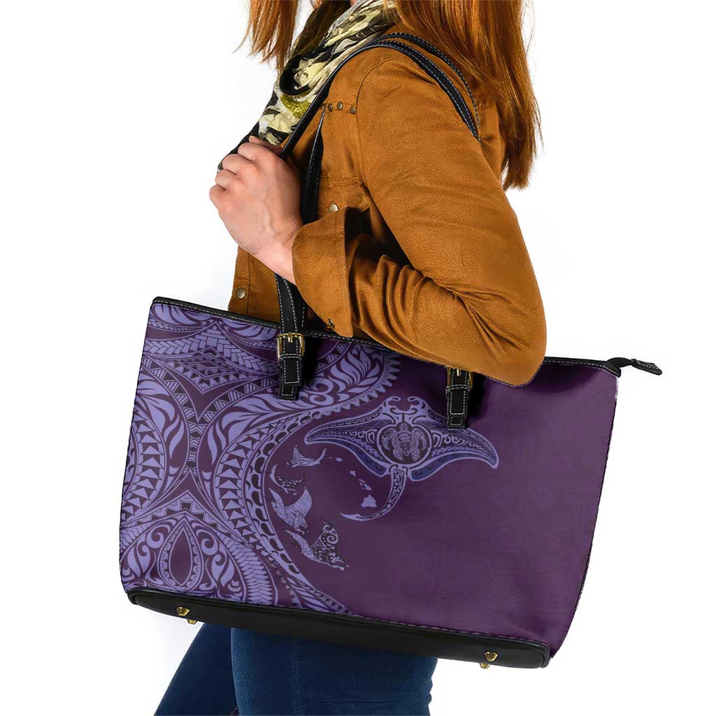 Hawaiian Manta Ray and Polynesian Tribal Tattoo Leather Tote Bag Purple Color LT03 Purple - Polynesian Pride