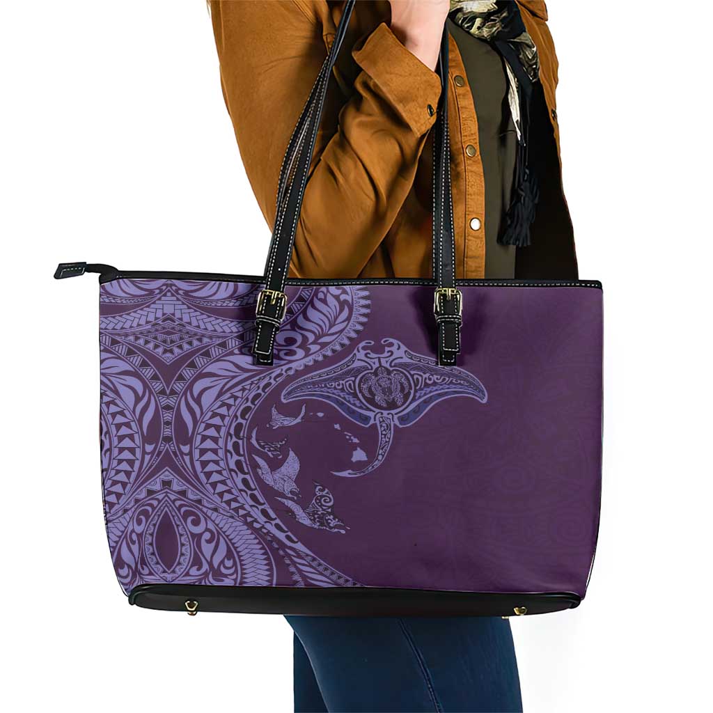 Hawaiian Manta Ray and Polynesian Tribal Tattoo Leather Tote Bag Purple Color LT03 - Polynesian Pride