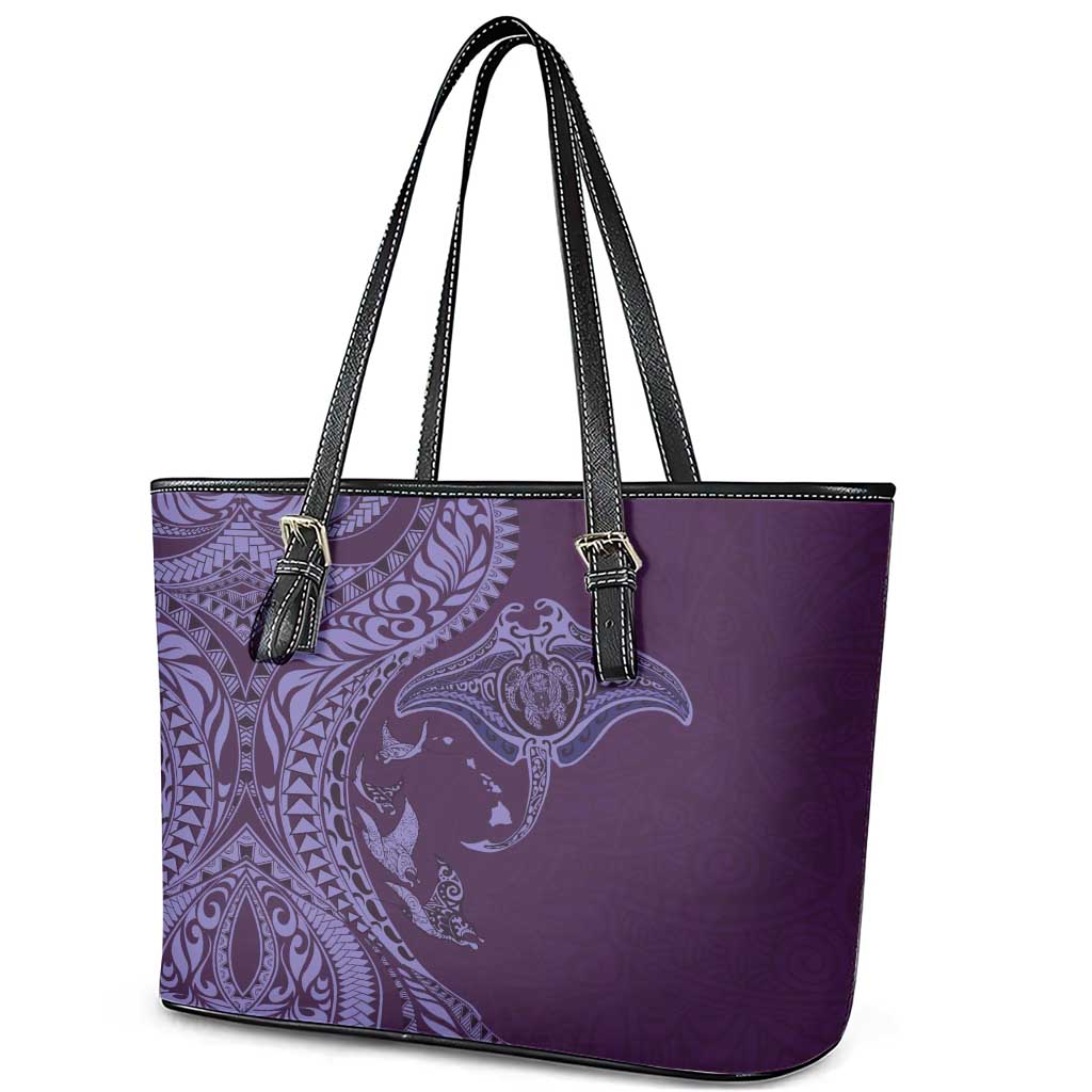 Hawaiian Manta Ray and Polynesian Tribal Tattoo Leather Tote Bag Purple Color LT03 - Polynesian Pride