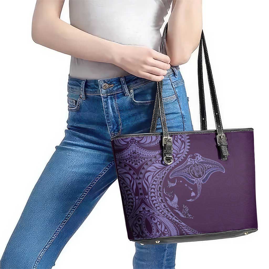 Hawaiian Manta Ray and Polynesian Tribal Tattoo Leather Tote Bag Purple Color LT03 - Polynesian Pride