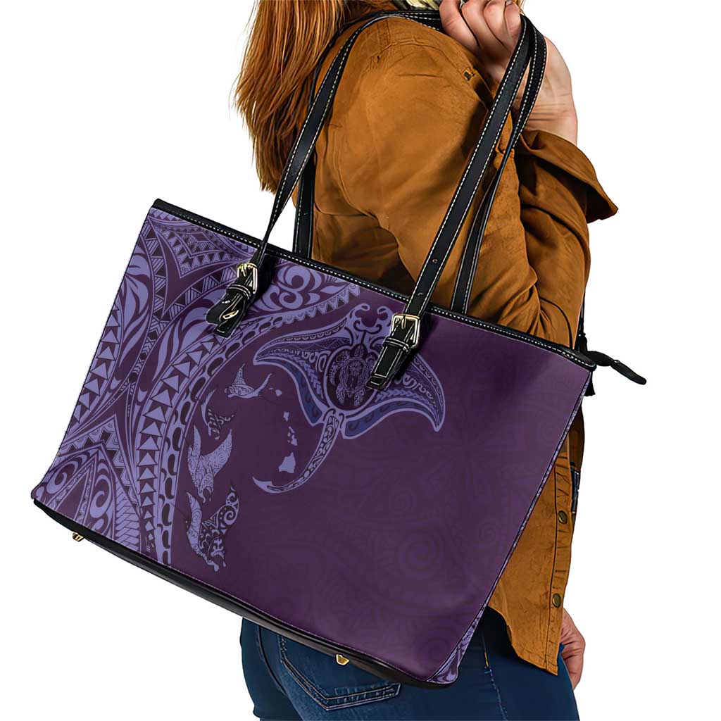 Hawaiian Manta Ray and Polynesian Tribal Tattoo Leather Tote Bag Purple Color LT03 - Polynesian Pride