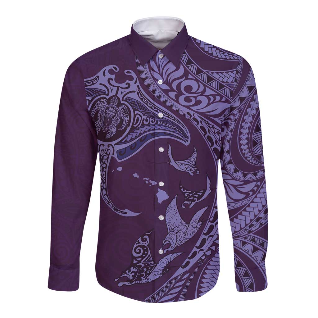 Hawaiian Manta Ray and Polynesian Tribal Tattoo Long Sleeve Button Shirt Purple Color LT03 Unisex Purple - Polynesian Pride