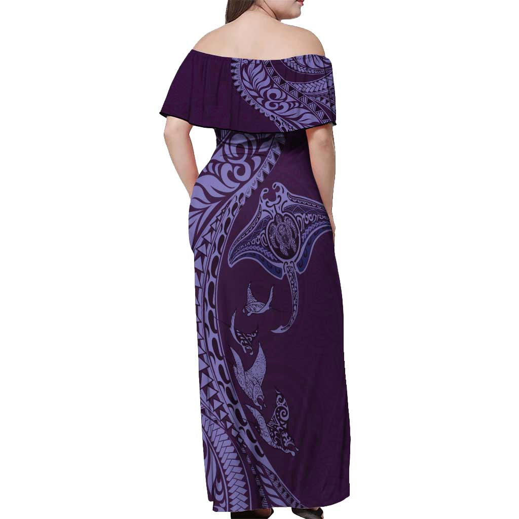 Hawaiian Manta Ray and Polynesian Tribal Tattoo Off Shoulder Maxi Dress Purple Color LT03