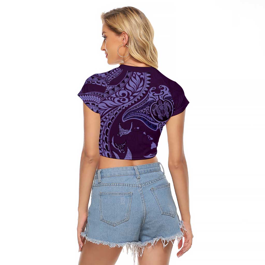 Hawaiian Manta Ray and Polynesian Tribal Tattoo Raglan Cropped T Shirt Purple Color LT03 - Polynesian Pride